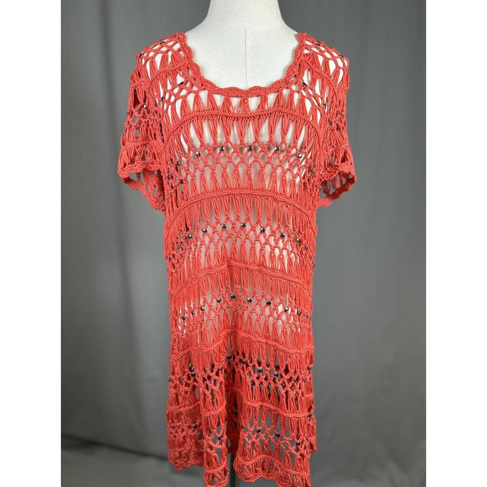 Roz & Ali Womens Open Knit Coral Oversized Minidress Sz 1X Boho Festival Cabana